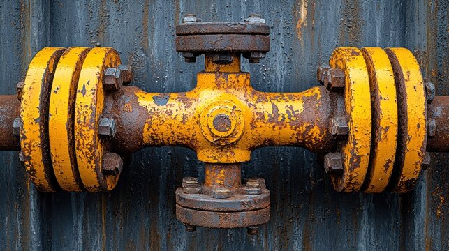 Rusty, yellow industrial pipe connection on gray metal backdrop