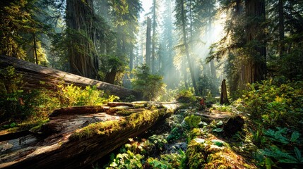 Obraz premium Sunlight streams through a redwood forest, illuminating fallen logs.
