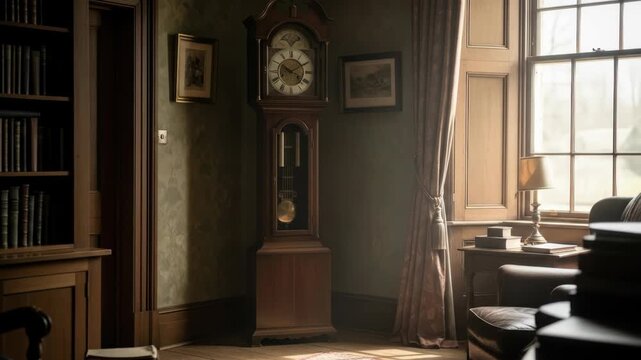 Grandfather clock and armchair in cozy vintage room with books near window.
