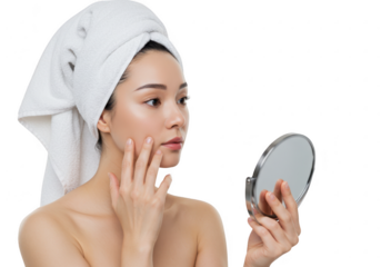 Woman checking her skin with a mirror isolated on transparent background