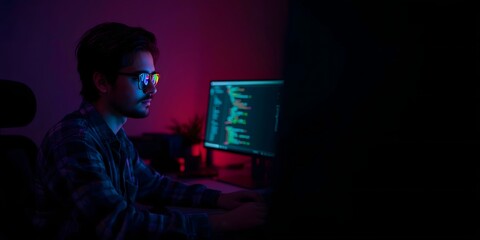 Programmer Coding at Night with Neon Light Reflection