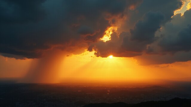 Dramatic Sunset Sky with Rain Shaft