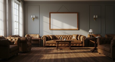 Classic interior showcases a Chesterfield sofa and armchairs bathed in soft, warm light.