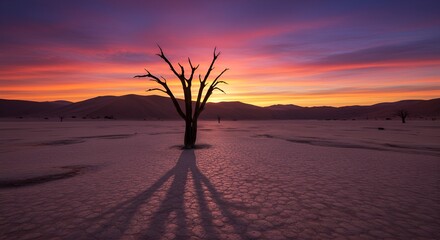 Solitary barren tree silhouette casts long shadow on cracked earth at sunset landscape