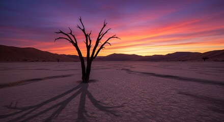 Solitary tree silhouette stands against a vibrant sunset in a desolate, cracked landscape.