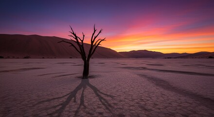 Solitary tree casts a stark shadow across cracked earth at dawn, under vibrant skies