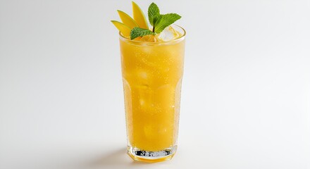Refreshing mango drink with ice, garnished with fresh mint and slices in a tall glass.