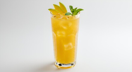 Refreshing vibrant orange beverage with ice, garnished with mango and mint on white backdrop.