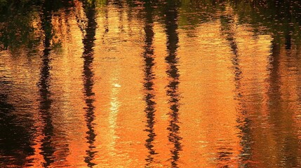 Autumn trees reflected in calm water, sunset background, nature scene