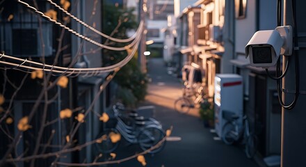 Quiet Security in a Japanese Alleyway, Tranquil Evening Scene with Surveillance Camera in a Traditional Japanese Neighborhood