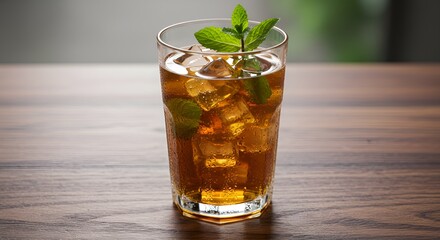 Refreshing iced tea with mint leaves and ice cubes stands on a wooden surface, inviting and cool.