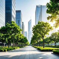 Urban parkway with tall buildings