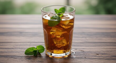 Refreshing iced tea with mint garnish sits on a wooden table, evoking a cool and inviting mood.