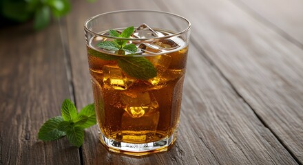 Refreshing iced tea with ice cubes and mint leaves on a rustic wooden background, still life