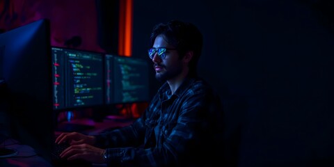 Programmer Coding at Night with Neon Light Reflection