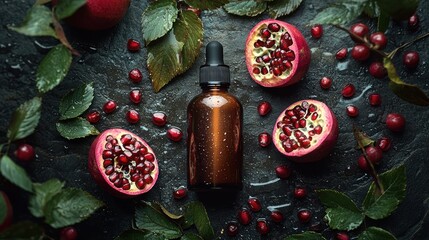 Serum bottle surrounded by pomegranate halves and leafy branches