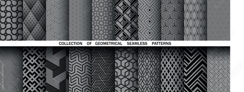 Poster geometric set of seamless black and gray patterns. simple vector graphics