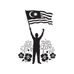 Malaysia independence silhouette with flag waving man and floral firework design