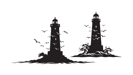 Silhouette of twin lighthouses on rocky shore with birds flying in peaceful seaside design