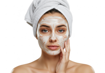 Woman applying face mask with towel on head isolated on transparent background