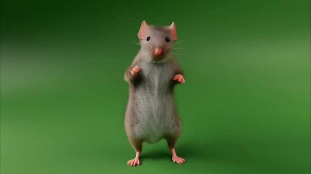 Animated Mouse Posing: A curious little mouse standing upright, showcasing a charming pose against a gentle, solid green background, creating a fun and whimsical scene.