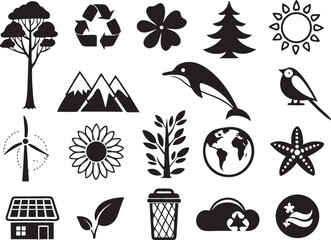 Silhouette Nature & Environment Icons Set on White Background  Eco, Green, Recycle, Minimal Design Vector Pack