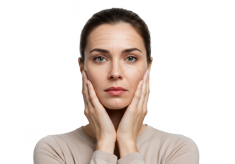 Woman holding her face with her hands isolated on transparent background
