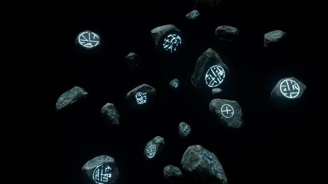 Celestial Stones: A cosmic dance of mystical stones, each adorned with intricate glowing symbols, floats weightlessly against the deep canvas of space.
