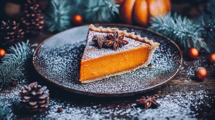 Slice of pumpkin pie, dusted with powder, on plate with seasonal decorations