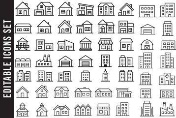 An editable line icon set featuring a diverse collection of buildings, houses, and architectural symbols for real estate and graphic design.