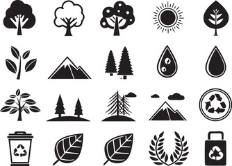 Silhouette Nature & Environment Icons Set on White Background  Eco, Green, Recycle, Minimal Design Vector Pack