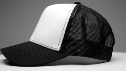 A black and white trucker hat sits on a white surface against a grey background