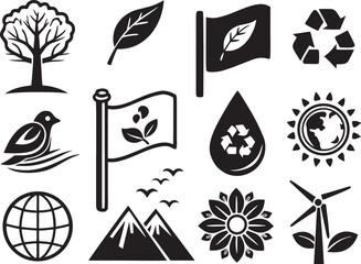 Silhouette Nature & Environment Icons Set on White Background  Eco, Green, Recycle, Minimal Design Vector Pack