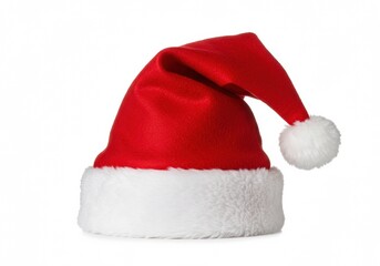 A classic red Santa hat with a fluffy white trim on a bright background.