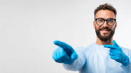 Male dentist in blue gloves, smiling and pointing to the side on a white background