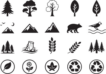 Silhouette Nature & Environment Icons Set on White Background  Eco, Green, Recycle, Minimal Design Vector Pack