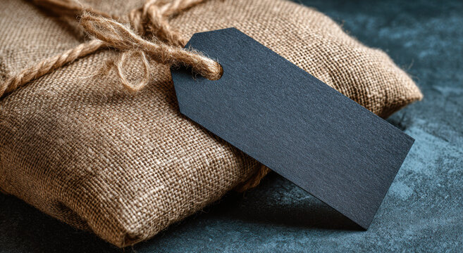 Rustic burlap package tied with brown string features blank black gift tag, set against dark blue background