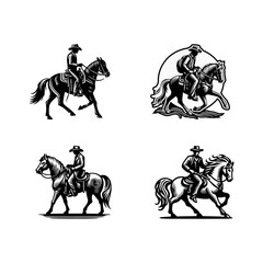 Cowboy with horse hand draw engrave icon design black white