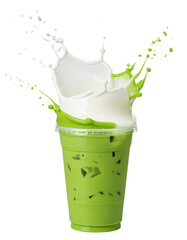 Green tea and milk splash collision in plastic takeaway cup PNG