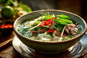 A steaming bowl of Vietnamese pho garnished with fresh herbs and chilies, set in a rustic kitchen