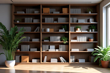 Fototapeta premium Wooden bookshelf filled with books and plants in a bright interior with natural light and a wooden floor