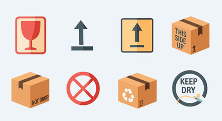 Fototapeta premium A set of shipping and handling icons including fragile, this side up, do not drop, keep dry, and recycling symbols, depicted in a flat vector style.