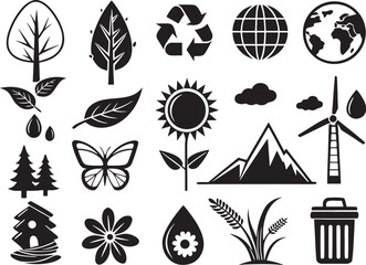 Silhouette Nature & Environment Icons Set on White Background  Eco, Green, Recycle, Minimal Design Vector Pack