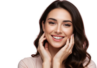 Beautiful woman smiling with hands on cheeks isolated on transparent background