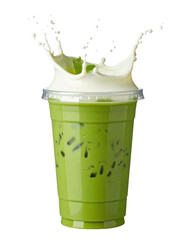 Iced matcha latte with milk splash in transparent to-go cup PNG