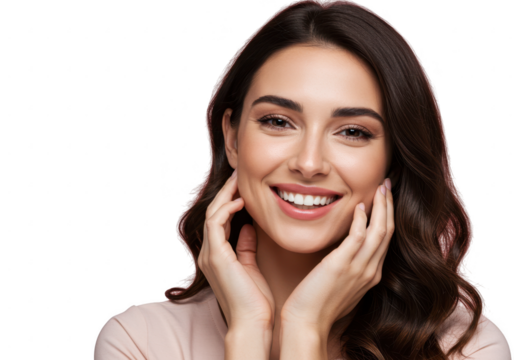 Beautiful woman smiling with hands on cheeks isolated on transparent background