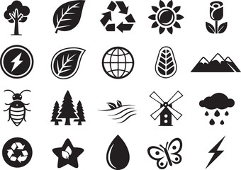 Silhouette Nature & Environment Icons Set on White Background  Eco, Green, Recycle, Minimal Design Vector Pack