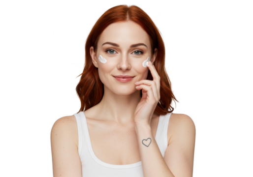 Woman applying eye cream isolated on transparent background