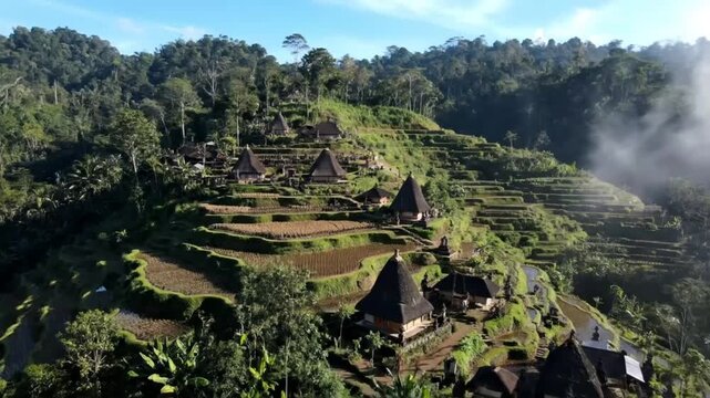 Wae rebo village in flores, indonesia, emerges from the morning mist, showcasing its unique traditional architecture and the stunning landscape of rice terraces nestled in the mountains