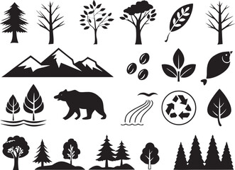 Silhouette Nature & Environment Icons Set on White Background  Eco, Green, Recycle, Minimal Design Vector Pack